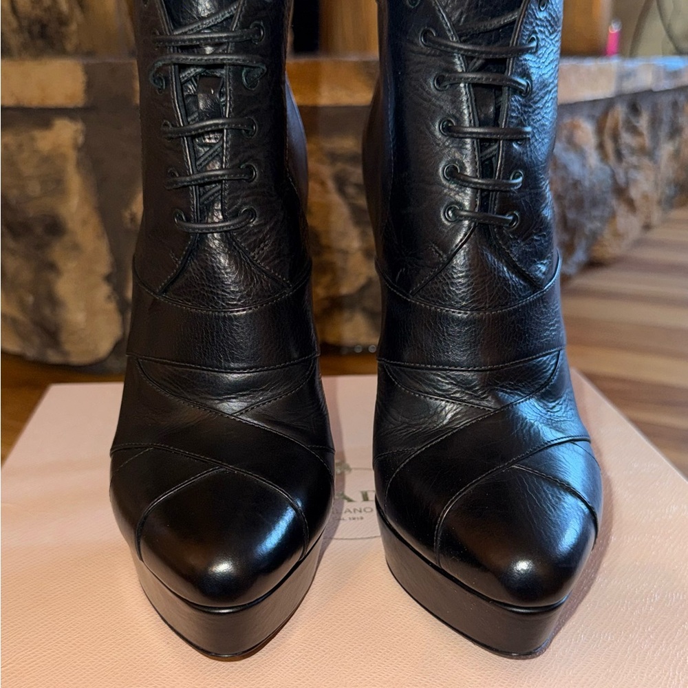 Prada Black Leather Lace-Up Stiletto Ankle Boots - Picture 4 of 6